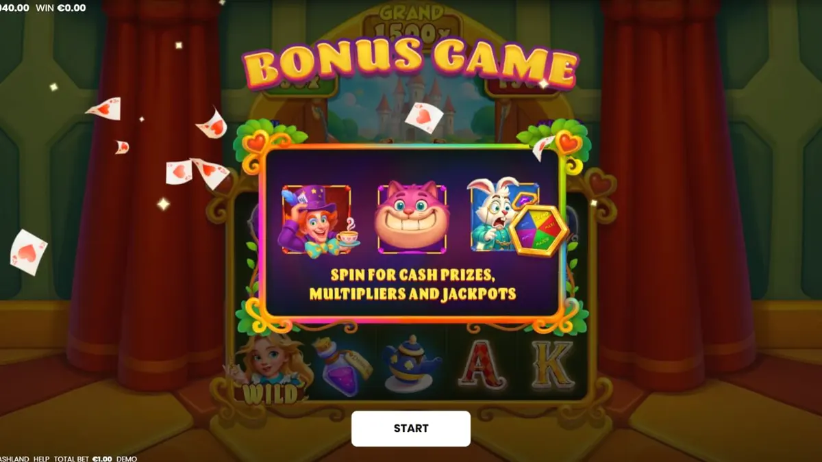 Tampilan visual slot Alice in Cashland dengan tema Wonderland yang memikat