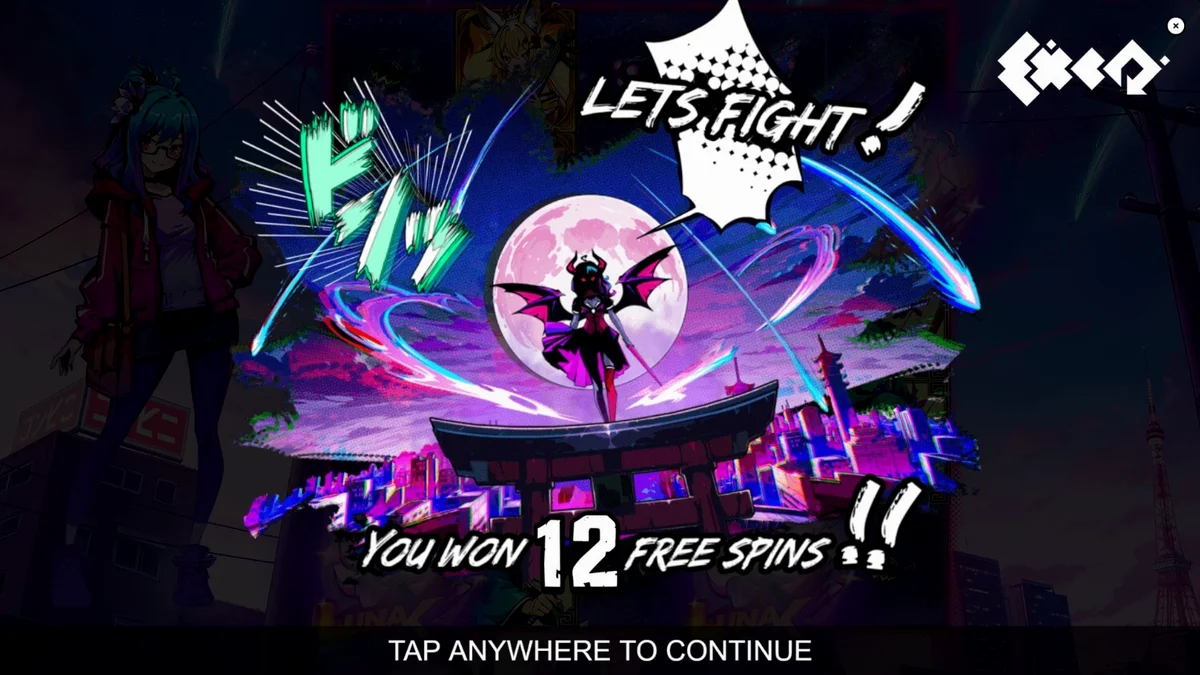 Tampilan visual neon cyberpunk dari slot Luna X dengan karakter anime.
