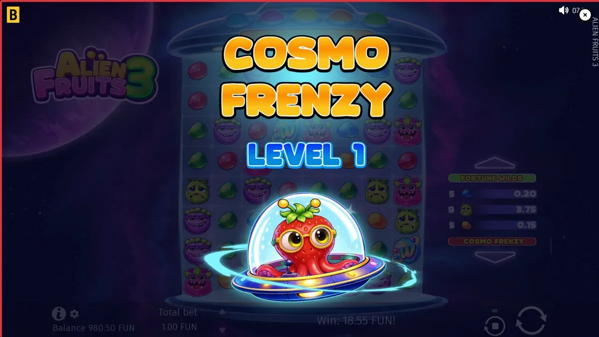Tampilan layar permainan slot Alien Fruits 3 dengan tema neon luar angkasa